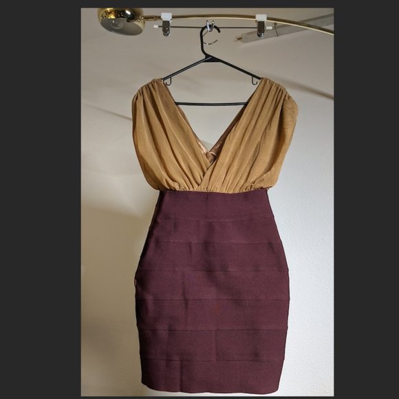 WOW Couture Beige and Wine Mini Wrapped Bandage Bodycon Dress Size S HP 10/17 - Picture 3 of 6